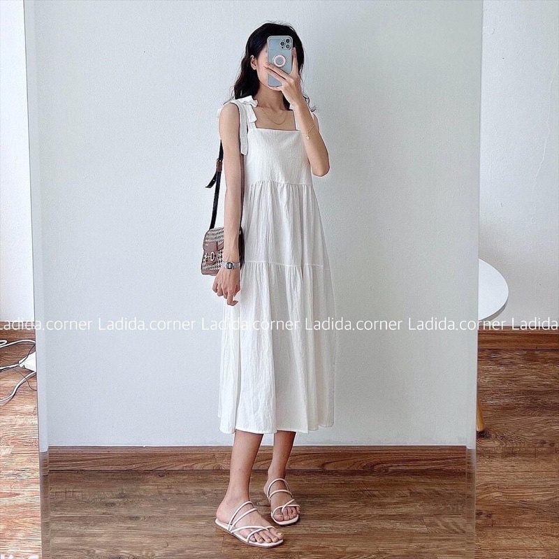 [Ảnh thật/Video]Váy Hai Dây Bản To Buộc Vai Chất Thô Lụa Mát From Rộng