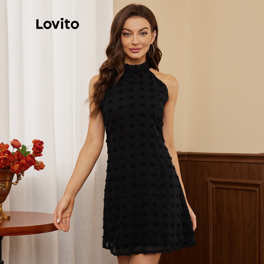 Đầm hai dây Lovito màu trơn họa tiết chấm bi thanh lịch ống loe L17D094 (màu đen)