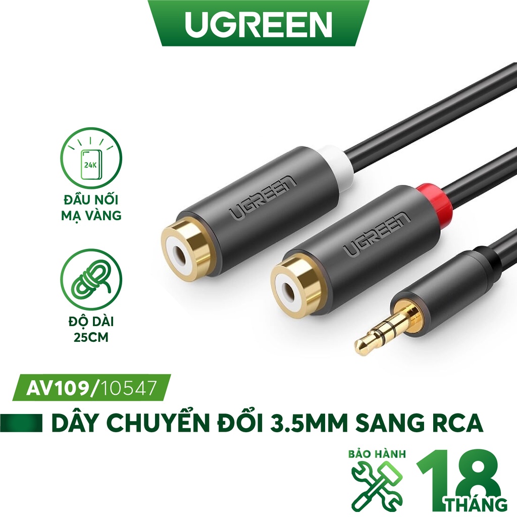 Cáp âm thanh chuyển jack 3.5mm sang 2 đầu hoa sen RCA dài 20CM - UGREEN 10547 (màu đen)