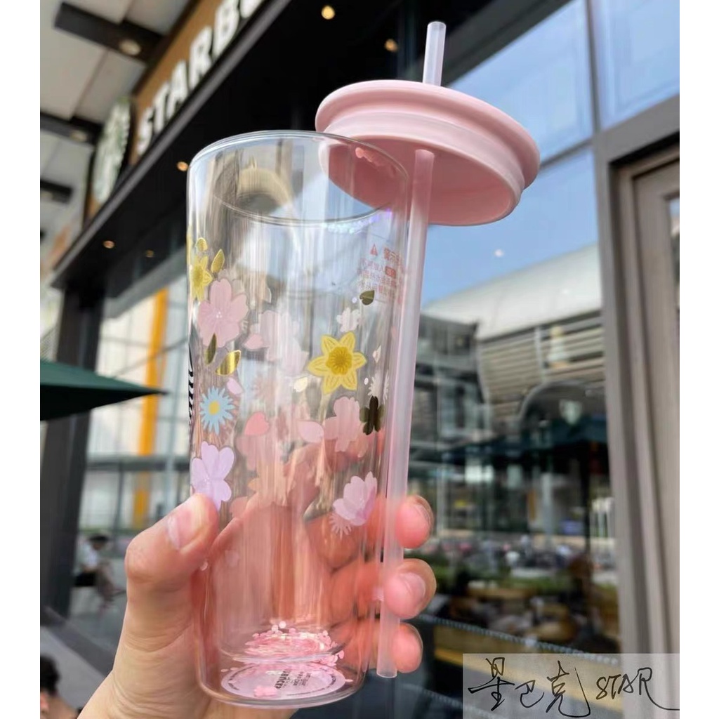 Ly cốc thủy tinh STARBUCKS 2 lớp màu hồng họa tiết hoa Dung tích 590ml