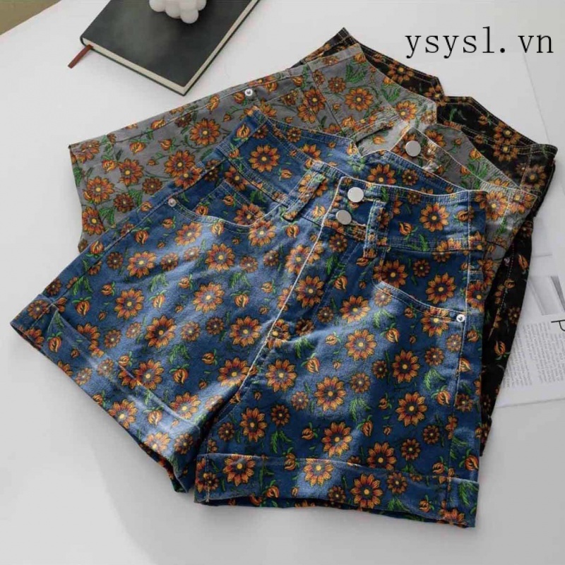 Hàng Mới Về Quần Short Denim Dáng Chữ A Lưng Cao Ống Rộng In Hình Hoa Hướng Dương Phong Cách Châu Âu Dễ Phối Đồ Cho Nữ 2022