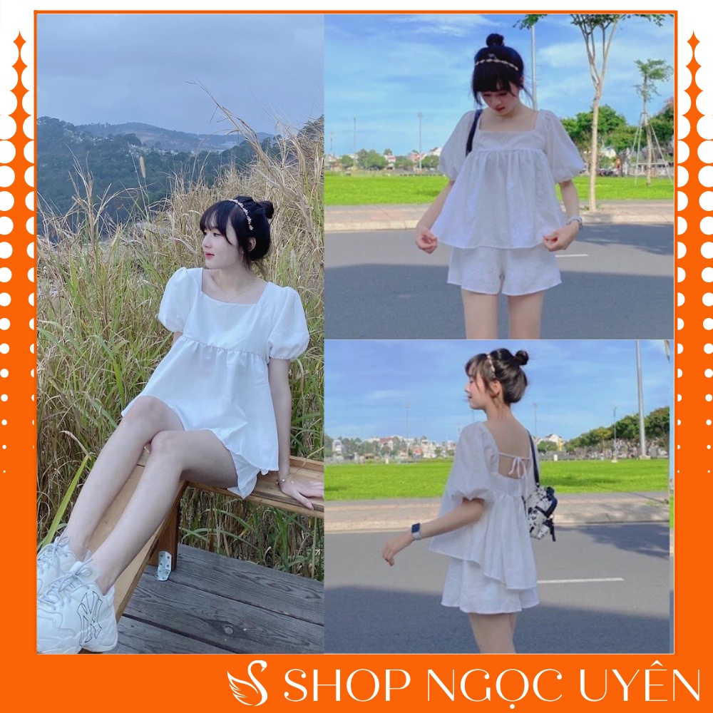 Sét bộ babydoll nữ chất von lụa tay bồng tiểu thư buộc nơ siêu xinh, mặc ở nhà, đi chơi, đi biển HOT 2022