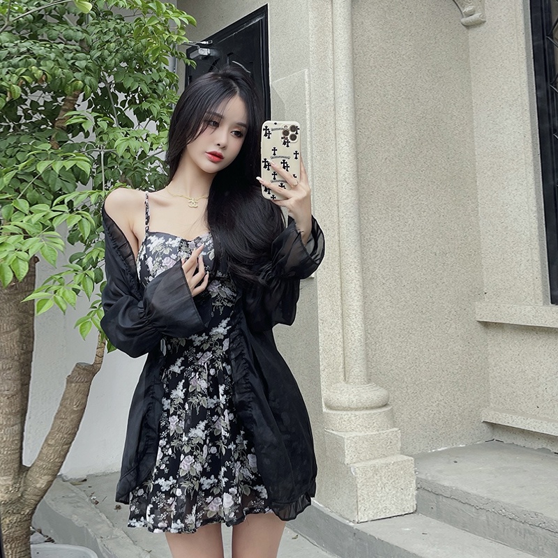 Set đầm hai dây họa tiết hoa và áo khoác cardigan PERTY chống nắng phong cách thời trang Hàn Quốc