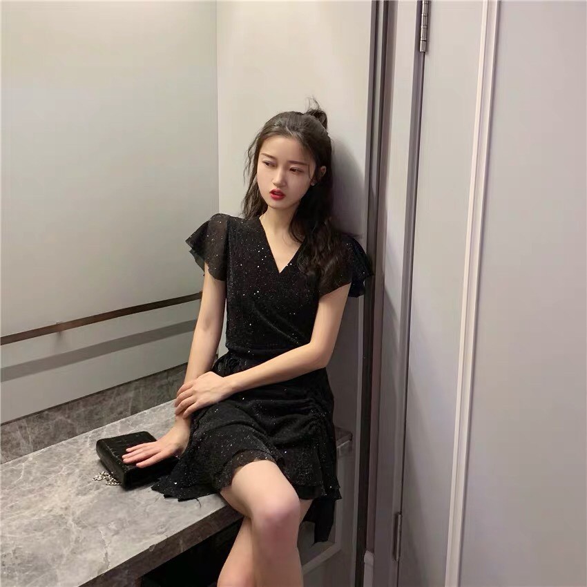 Váy Body Dáng Ôm Ngắn Cổ V Lấp Lánh Blink Blink Thắt Nơ Thời Thượng Phong Cách V00133 | BigBuy360 - bigbuy360.vn