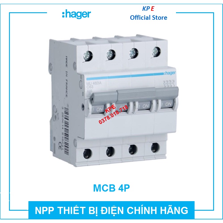 MCB 4P 3 PHA CB TÉP ÁT TÔ MÁT ÁP TÔ MÁT QUÁ TẢI NGẮN MẠCH 6KA 6A 10A 16A 20A 25A 32A 40A 50A 63A  HAGER - KPE ELECTRIC