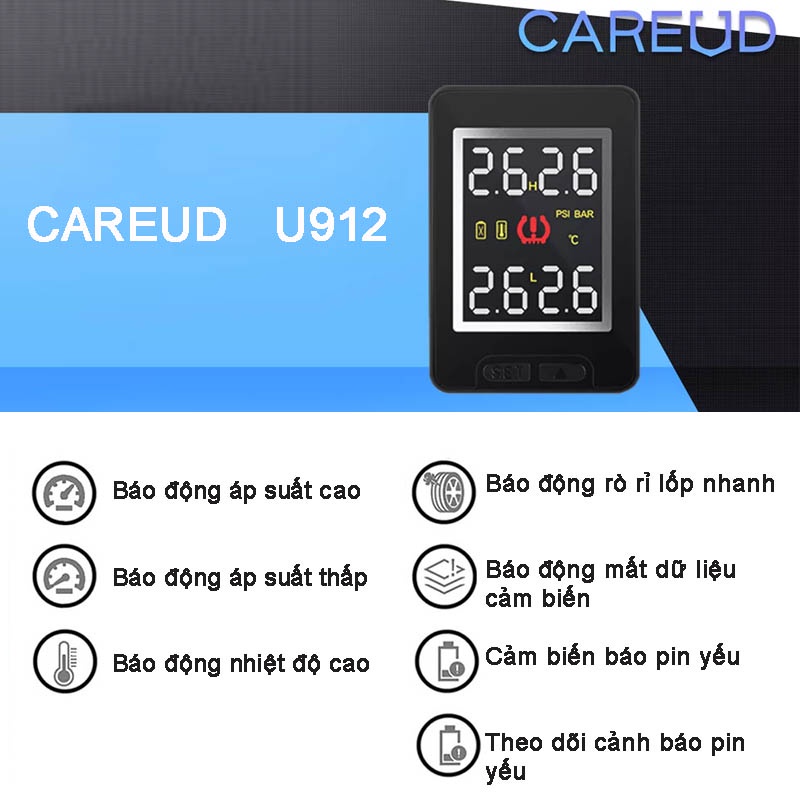 Cảm biến áp suất lốp Careud U912 dùng cho xe ô tô TOYOTA MITSUBISHI MAZDA SUZUKI, Chỉ màn hình
