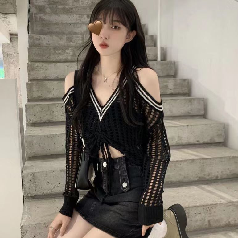 Áo Dệt Kim Trễ Vai Dáng Rộng Cổ Chữ V Thời Trang Cho Nữ