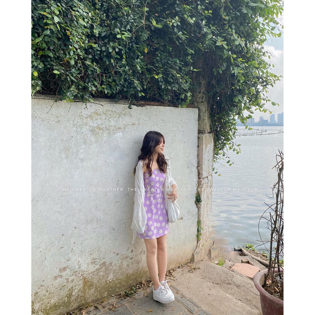 VÁY HAI DÂY HOA CÚC TÍM - ĐẦM 2 DÂY TIM TÍM HOA CÚC TRẮNG DÁNG NGẮN ULZZANG