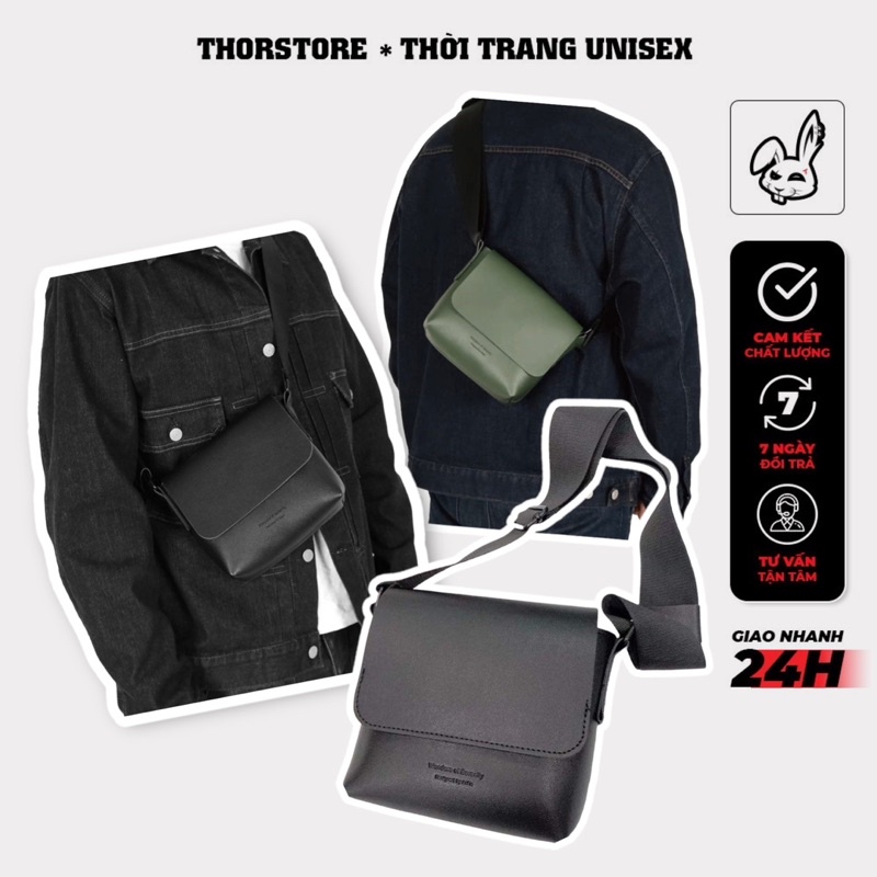 Túi da đeo chéo nam nữ,in chữ Wonder 2 màu