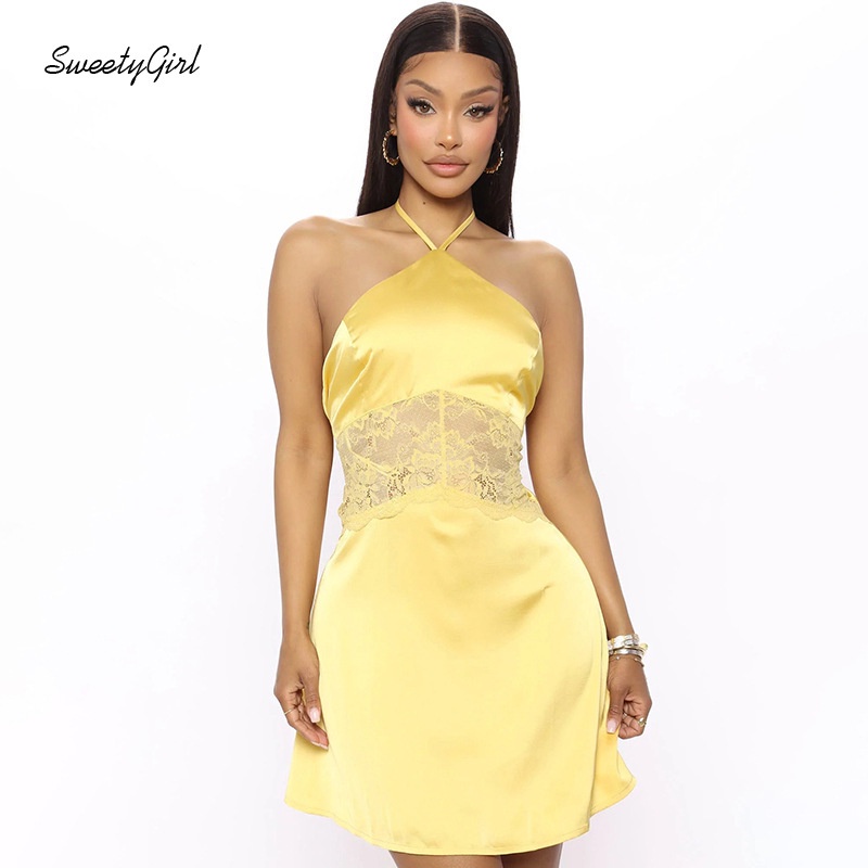 Đầm Mini Không Tay Phối Ren Màu Trơn Thời Trang 2022 Quyến Rũ Cho Nữ