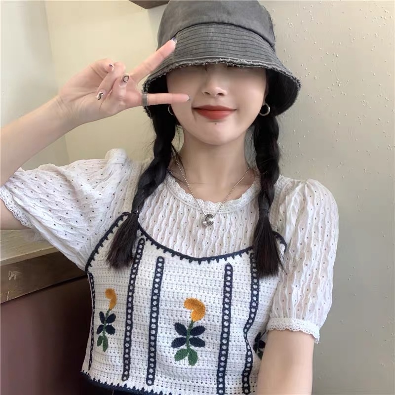 MS572 Áo hai dây len đan móc thêu hoa đi biển, mix váy áo