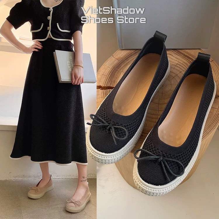 Giày búp bê slip on - Giày lười nữ dệt kim nguyên chiếc 2 màu đen và khaki, đế cao su mềm chống trơn trượt - Mã A31