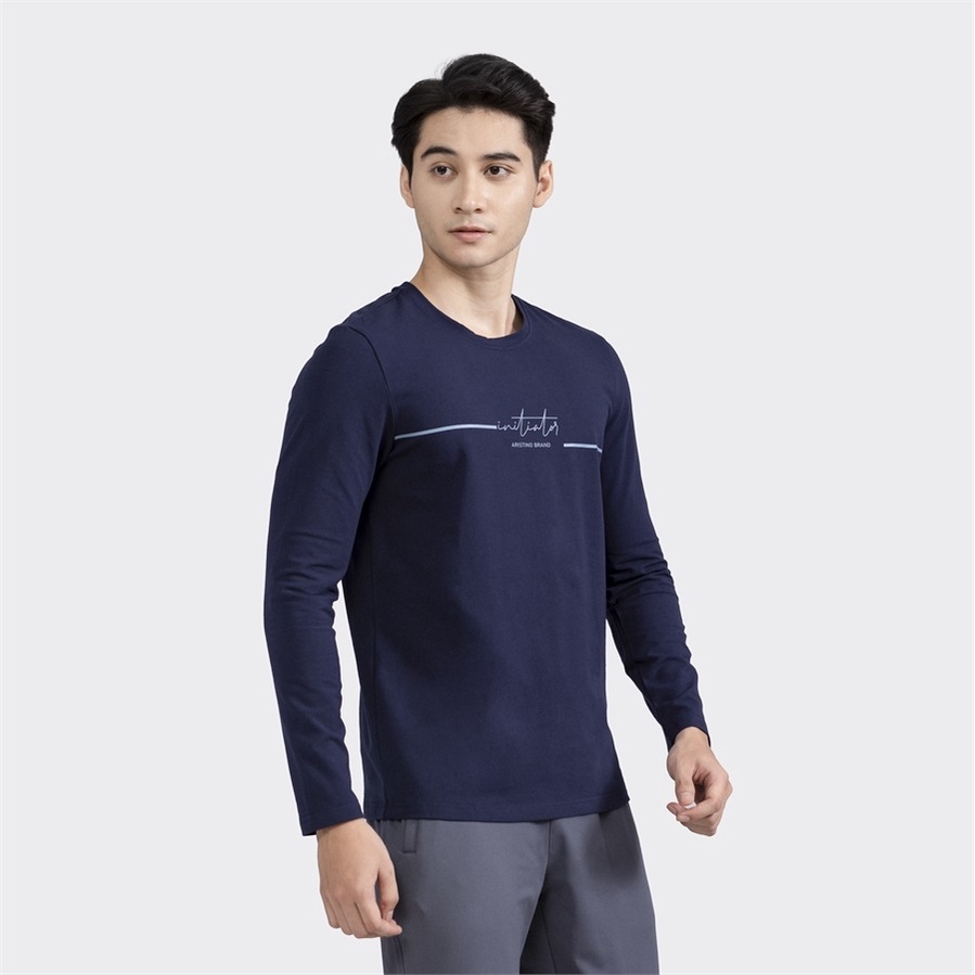 Áo thun nam dài tay Aristino ALT001W2 T-shirt Thu Đông Màu Xanh Tím Than In Chữ Vải Cotton dáng Regular Fit Cổ Tròn