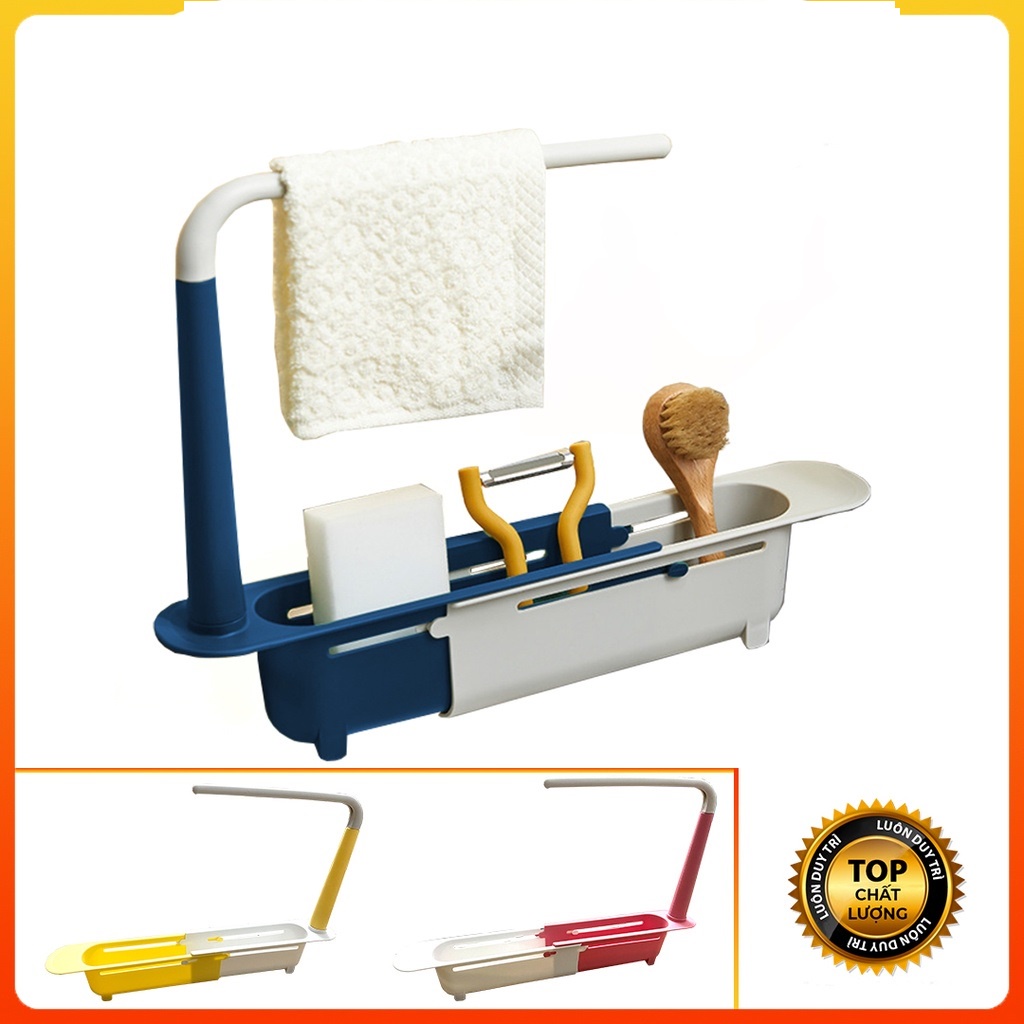 Kệ co giãn gác bồn rửa bát đựng nước rửa chén, cọ xoong nồi có rãnh thoát nước, kèm thanh phơi khăn lau nhanh khô