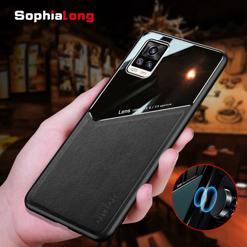 Ốp điện thoại da PU PC cứng + kính Plexi có khung TPU mềm từ tính cho Vivo V20 SE V20