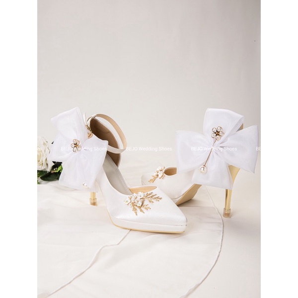 GIÀY CƯỚI - GIÀY CÔ DÂU CAO CẤP BEJO H96.05 LÁ THƯỜNG THỌ, NGỌC MAI, NƠ LỚN