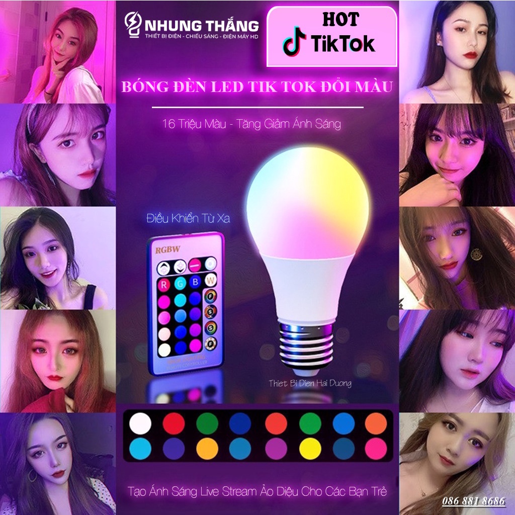 Đèn Led Tik Tok A60K Đổi Màu - 16 Triệu Màu Quay Tik Tok - Có Điều Khiển - Tăng Giảm Ánh Sáng - Đui E27