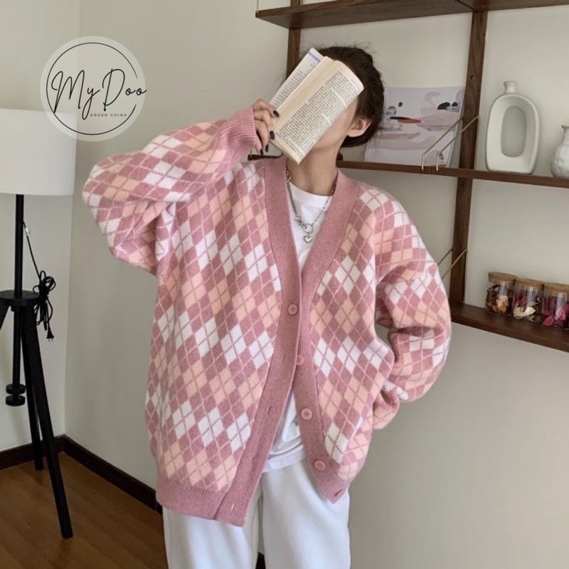 [ Trùm Sỉ Len ] Áo Cardeigan cộc tay - dài tay cho nữ hình thoi hồng xinh xắn - GL26