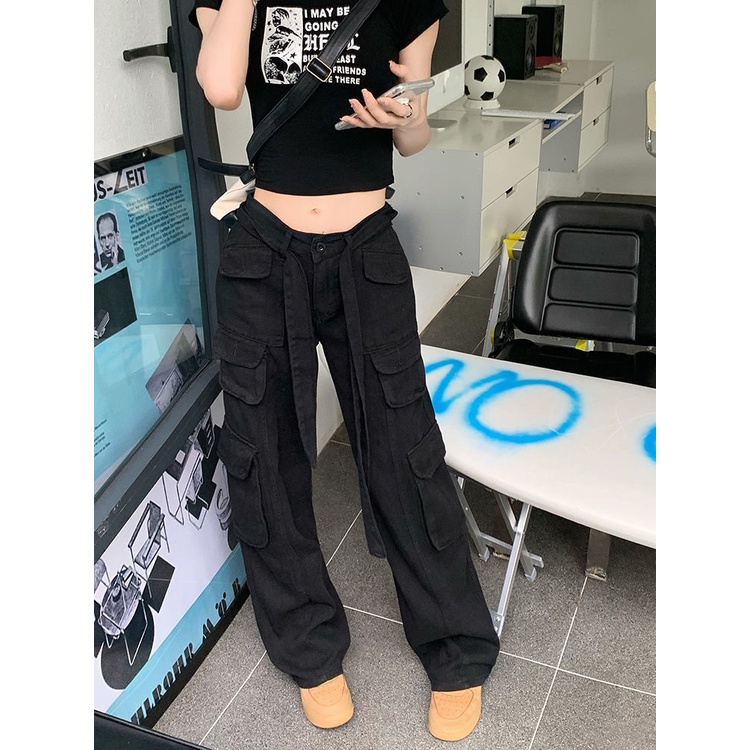 ❏Quần Yếm Jean Ống Rộng Phối Túi Phong Cách Đường Phố Mỹ Cá Tính