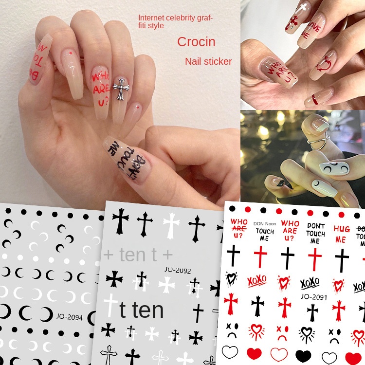 Đồ trang trí móng hình trái tim quạ / miếng dán móng gothic đen trắng đen trắng / miếng dán móng tay hoa văn nhỏ