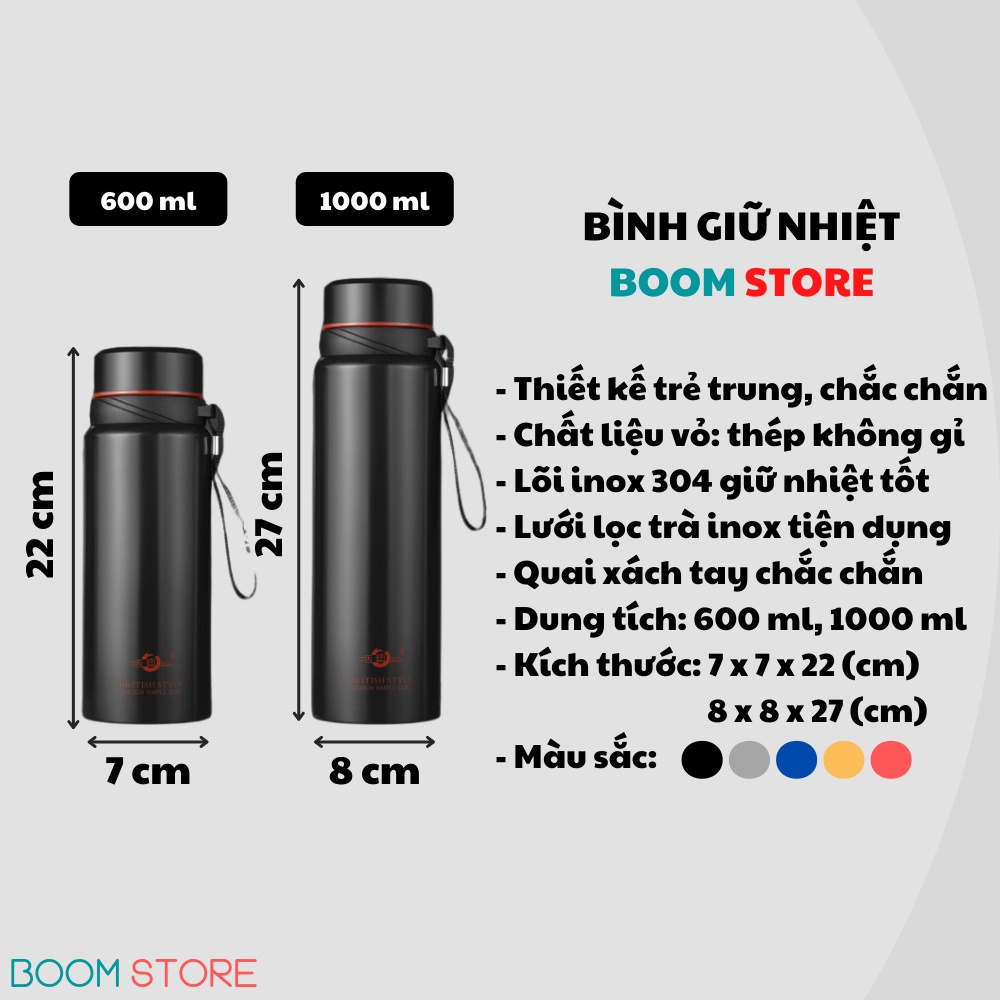 Bình giữ nhiệt 1000ml đẹp INOX 304 cao cấp, bình đựng nước giữ nhiệt thể thao Boom Store