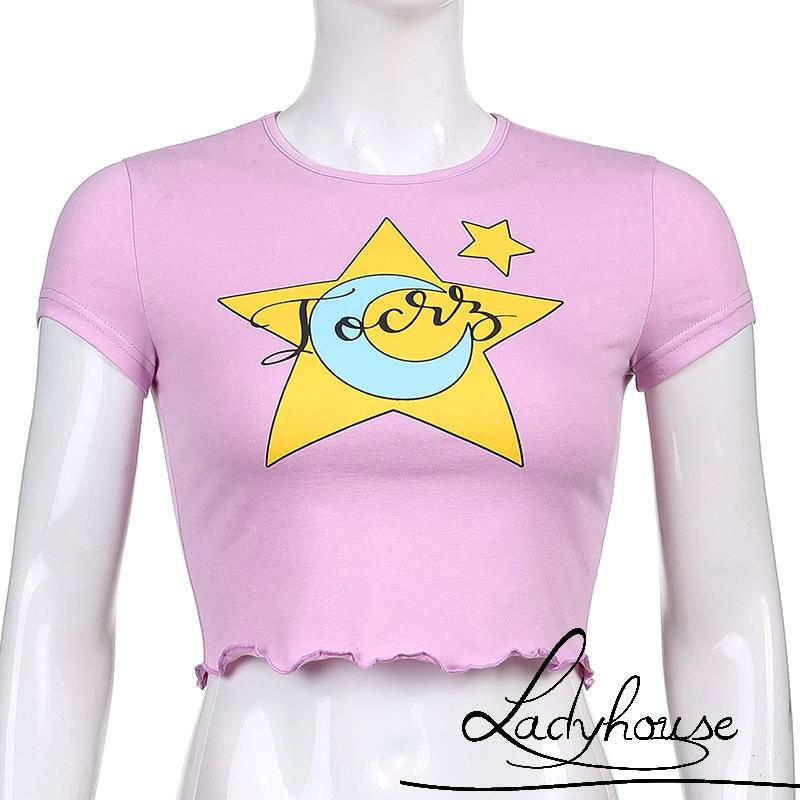 Áo Croptop Tay Ngắn In Họa Tiết Mặt Trăng Ngôi Sao Thời Trang Mùa Hè Cho Nữ