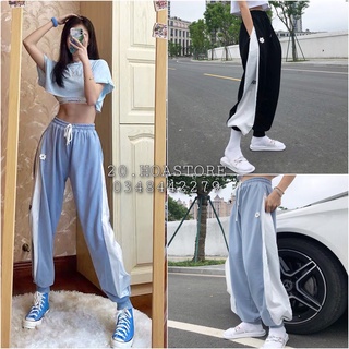Quần jogger đen xanh thêu hoa cúc phối màu trắng - quần nỉ bo ống thêu hoa + chữ myc unisex