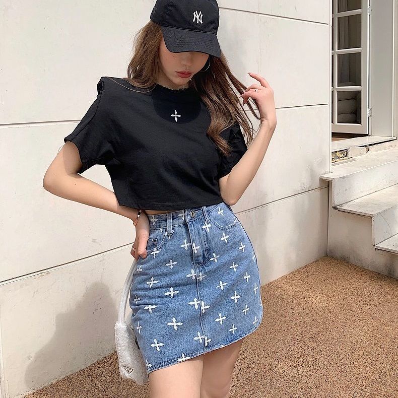 Jiashucheng Chân Váy Denim Chữ a Lưng Cao In Họa Tiết Thời Trang Mùa Hè Dành Cho Nữ