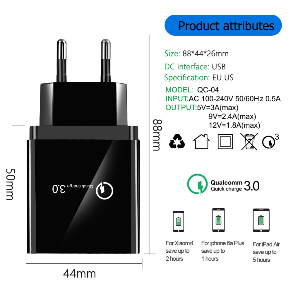 Trang chủ Du lịch 4 cổng USB QC 3.0 Bộ sạc nhanh treo tường AC cho máy tính bảng điện thoại