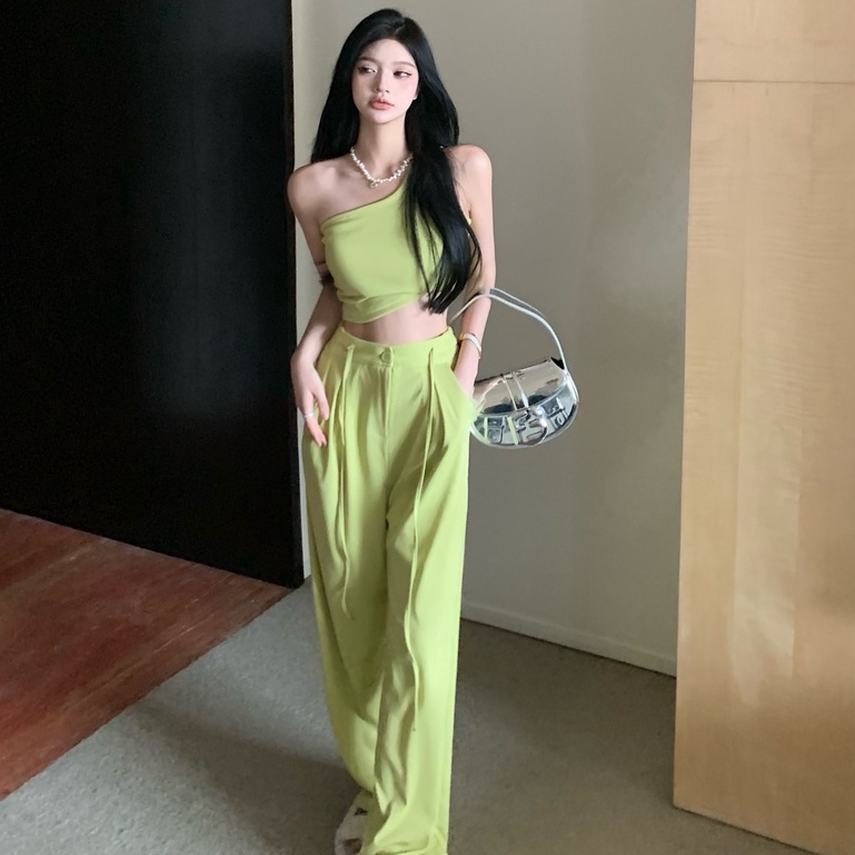 Set Áo Lệch Vai + Quần Ống Rộng Lưng Cao Phong Cách Hàn Quốc Thời Trang Mùa Hè Cho Nữ