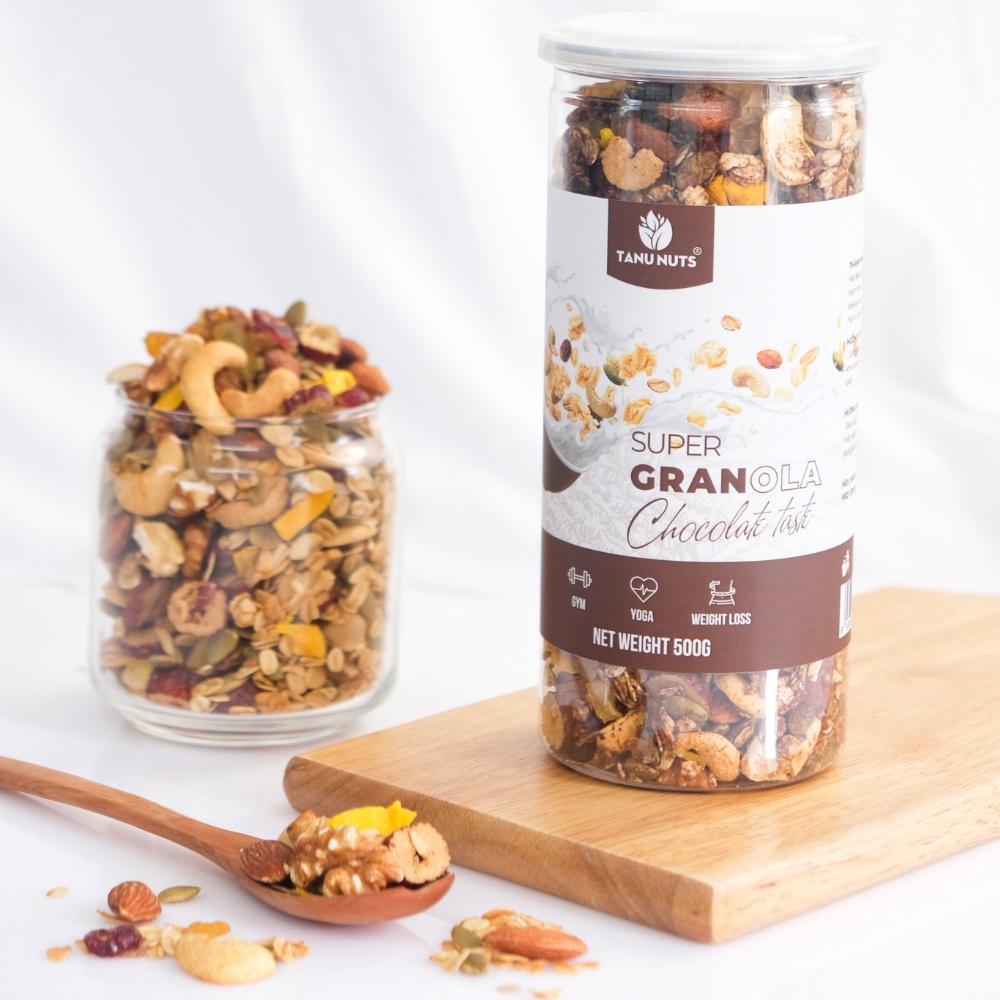 Ngũ cốc granola không đường vị chocolate 15% yến mạch TANU NUTS, hạt dinh dưỡng granola ăn kiêng, giảm cân.