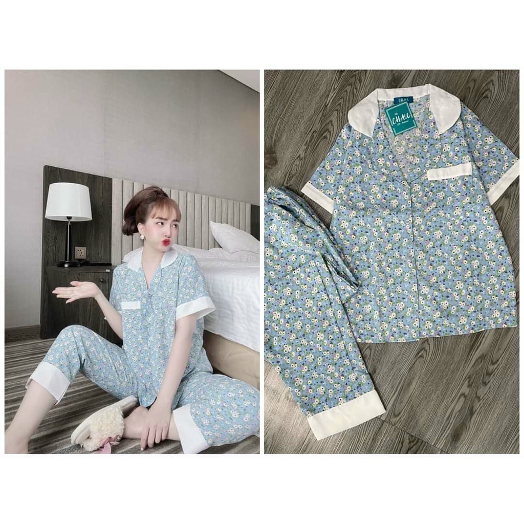 Bộ mặc nhà-Pijama tay ngắn quần dài, lụa hoa nhí siêu xinh, siêu đẹp - Freesize