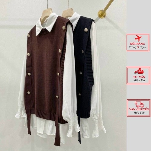 Áo sơ mi trắng chun tay nữ kèm gile len nâu đen công sở ulzzang Hàn Quốc