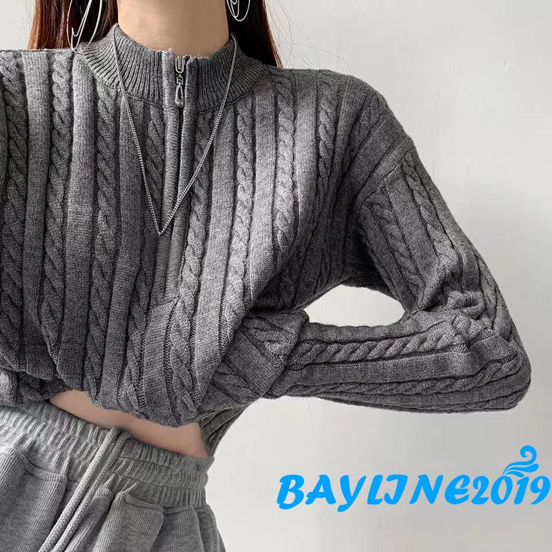 Áo len tay dài cổ cao màu trơn phối khóa kéo thời trang cho nữ