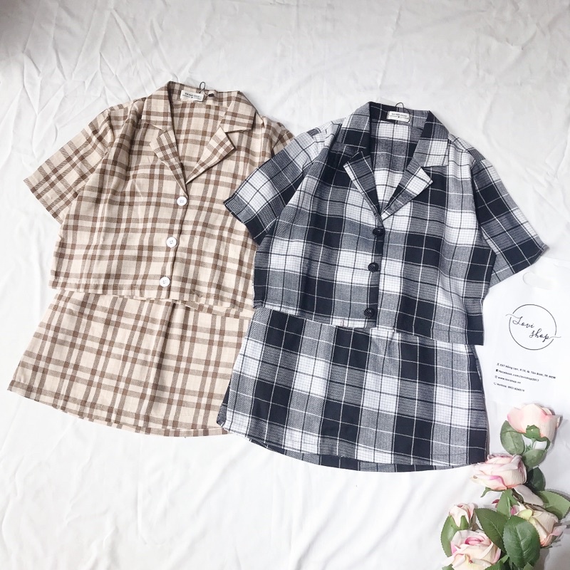 Set chân váy caro áo cổ vest Lovi