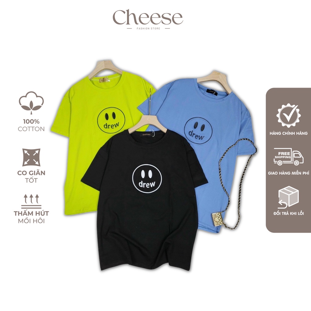 Áo Phông Unisex Hình Mặt Cười Drew Áo Phông Tay Lỡ Freesize Nam Nữ Phong Cách Hàn Quốc