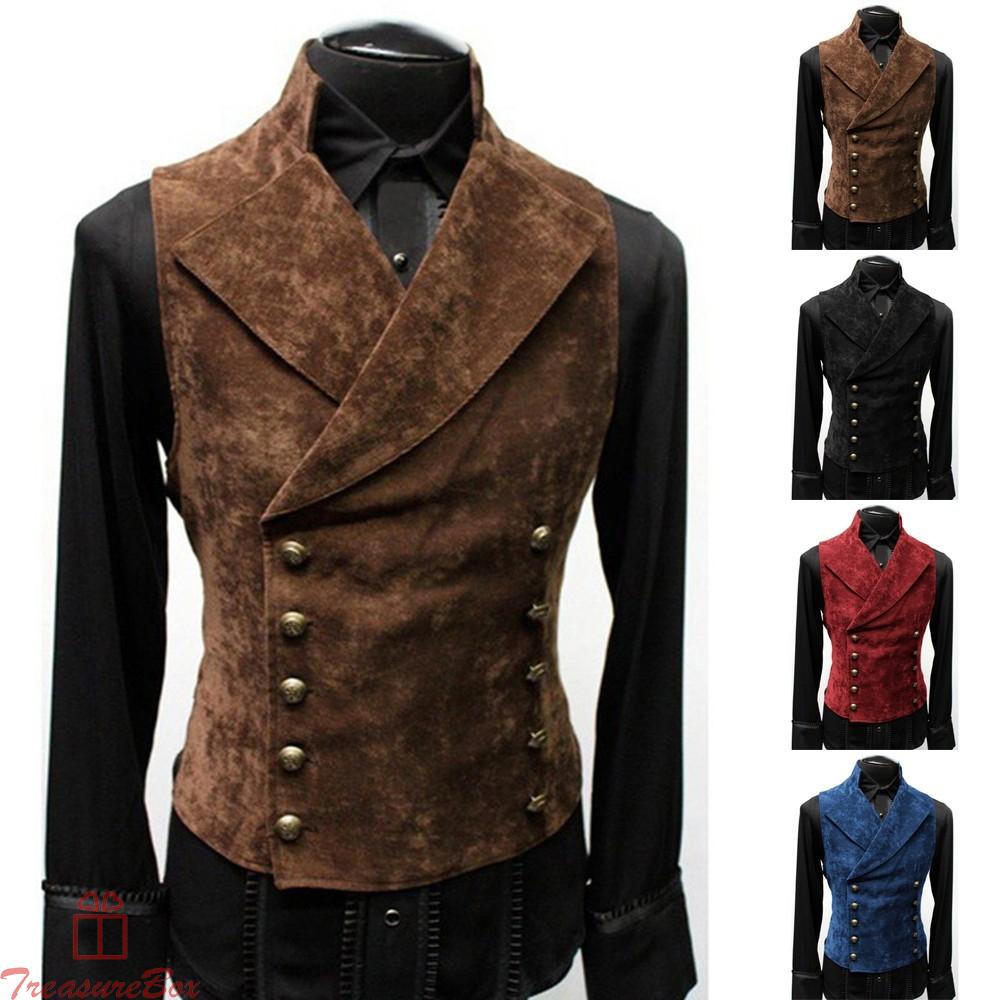 Mens Retro Lapel Button Vest Medieval Handsome Fashion Double Breasted Coat