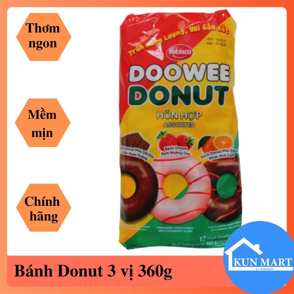 Bánh Donut FREESHIP Bánh Doowee Donut hỗn hợp 3 vị socola-dâu-cam thơm ngon hấp dẫn 360g ( 12 cái x 30g)