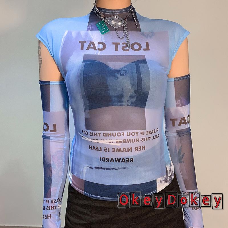 Odokey-y2k Áo Crop Top Lưới Mỏng In Chữ Đồ Họa Gợi Cảm Có Tay Áo Tập Hợp Đi Mua Sắm Du Lịch Cho Bạn Bè
