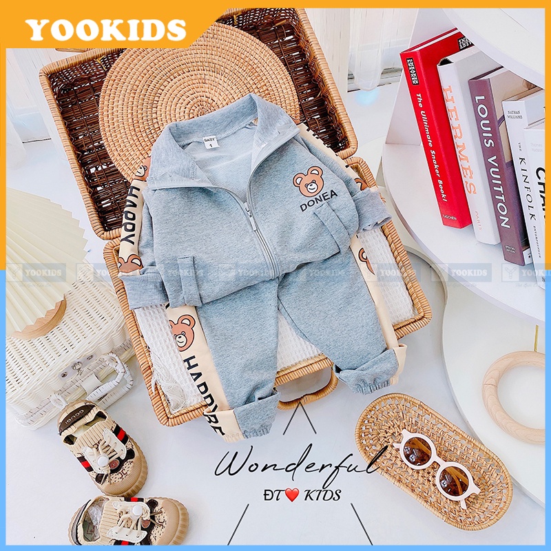 Bộ thu đông cho bé YOOKIDS khóa kéo chất da cá mềm ấm in hình gấu siêu xinh, Quần áo thu đông cho bé  1 2 3 4 tuổi