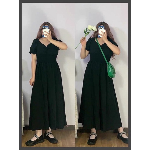 D118 - Đầm Bigsize Đen Nhún Eo Tay Ngắn