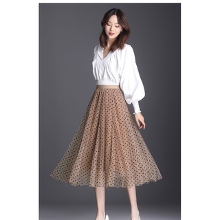 Chân váy xoè công sở vintage voan chấm bi
