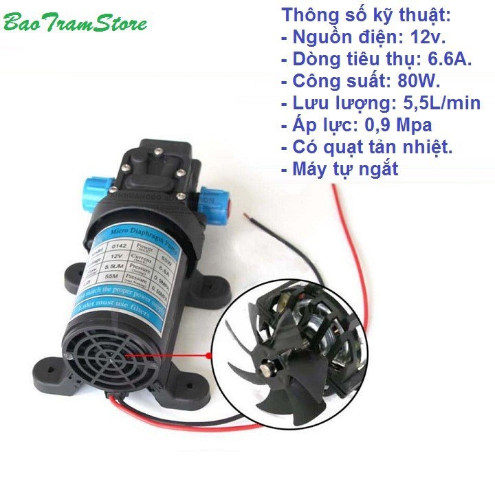 Bộ máy bơm tăng áp mini 12v, 80W, máy tự ngắt, có quạt tản nhiệt kèm nguồn 12v6A