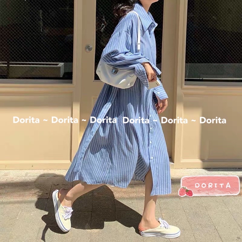 [Ảnh thật/Video] Váy sơ mi kẻ sọc dài tay kèm đai Dorita, Đầm dáng suông Hàn Quốc - Dorita Boutique | WebRaoVat - webraovat.net.vn