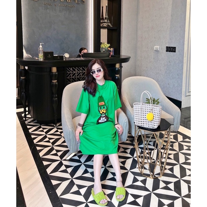Đầm thun cotton cổ tròn hình thêu nổi cao cấp hàng QCCC bầu bí sau sinh mặc đẹp
