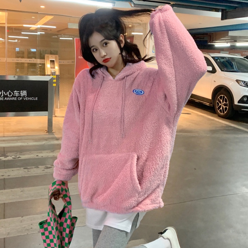 Áo hoodie tay dài dáng rộng vải nhung phong cách thời trang Hàn Quốc dễ phối đồ