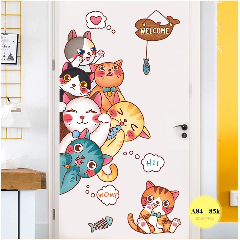 Decal dán tường Mèo welcome A84 - Decal dán tường Hàn Quốc