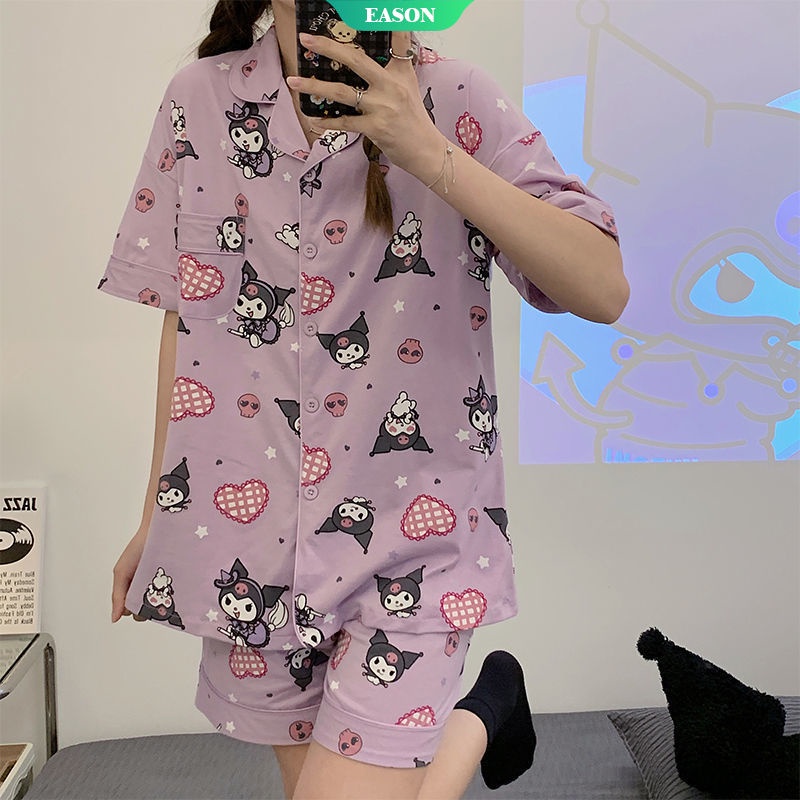 SANRIO Bộ Đồ Ngủ Tay Ngắn Dáng Rộng Chất Liệu Polyester In Họa Tiết Hoạt Hình Kuromi Dễ Thương Thời Trang Mùa Hè Cho Học Sinh
