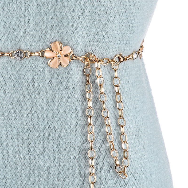 Thắt lưng dây xích chuỗi hoa đá, đai váy nữ hoa 5 cánh móc xích kim loại