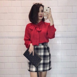 Áo sơ mi kiều nữ lụa tằm cổ nơ dài tay ba màu trắng, đỏ, ghi | BigBuy360 - bigbuy360.vn